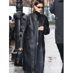 Hailey Bieber Street Style Black Leather Coat